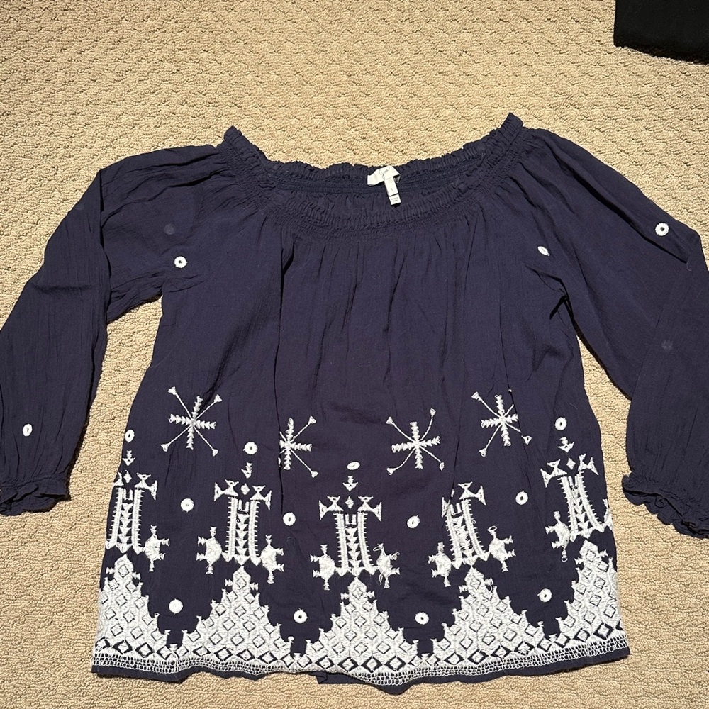 Joie Navy Embroidered Off-Shoulder Top